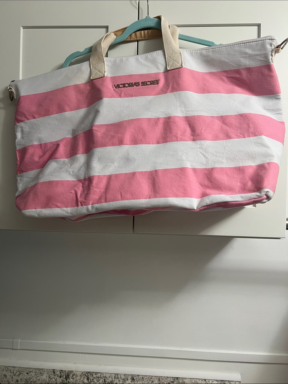 Victoria's Secret Pink and White Striped Canvas Tote Bag